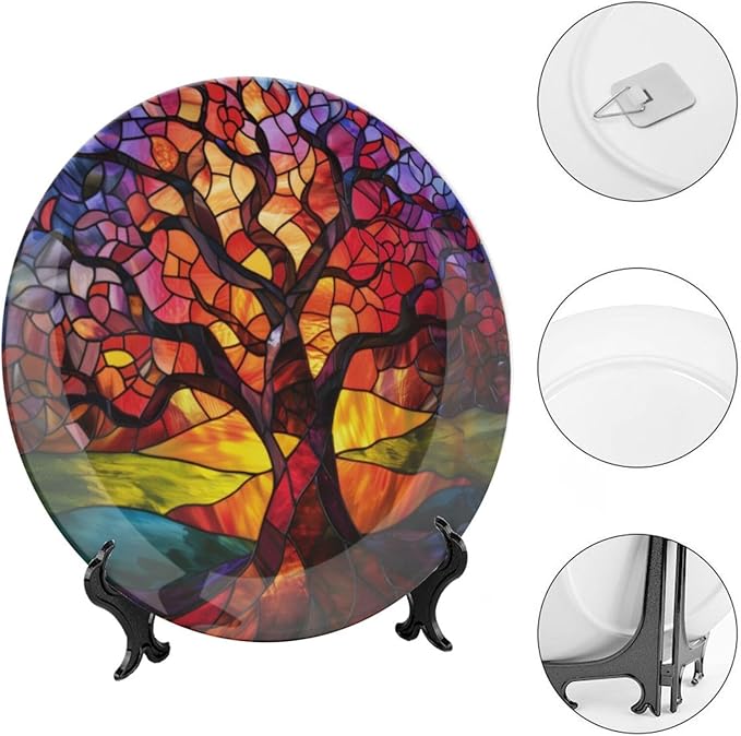 Stained Glass Theme Decorative Ceramic Plate Round Porcelain Plate,8 inch,Tree of Life Pattern,for Decorative Ornaments Giving Plates, 1 Plate with 1 Display Stand,Orange Purple