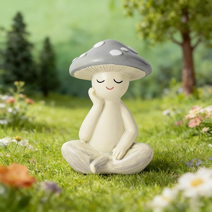 Meditation Mushroom Resin Statue - Cute Meditation Mushroom Statue for Desk Living Room Resin Figurine for Home Patio Office Decoration Cute Plant Statues for Tabletop Garden Backyard Decor
