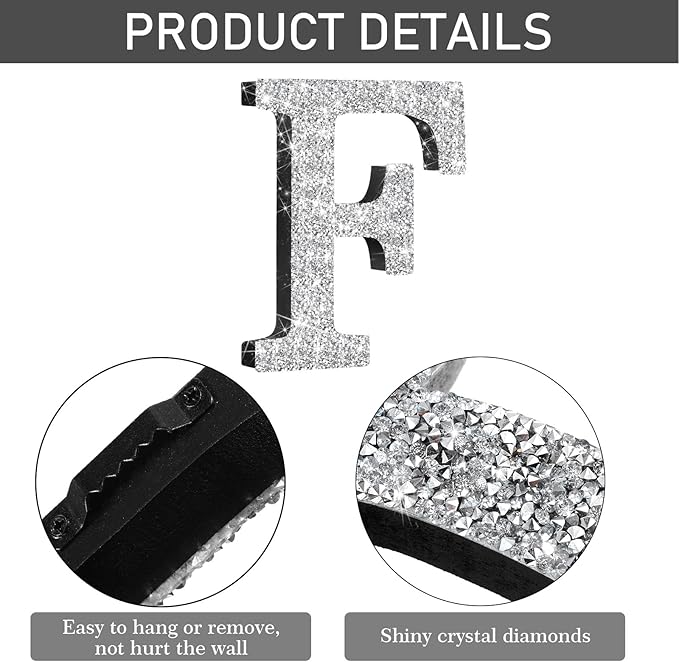 Qunclay 5.7" Silver Crystal Diamond Bling Letters Crushed Diamond Decoration Wooden Glitter Letter with Screw and Hooks Rhinestone Gift for Wedding Y2k Mcbling Bedroom Wall Decor (Letter F)