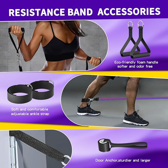 WHATAFIT Resistance Bands Set with Handles - Exercise Bands Home Gym Strength Training Equipment, Includes Door Anchor & Ankle Straps for Full Body Workout Bands, Physical Therapy - for Men and Women