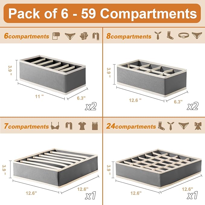 6 Pack Drawer Underwear Organizer, 59-Compartment Foldable Sock Bra Drawer Organizer Divider Fabric Dresser Closet Organizers and Storage Box for Storing Bra, Socks, Baby Clothes, Panty, Scarf, Ties
