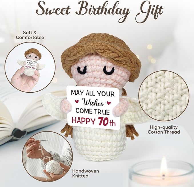70th Birthday Gifts for Women Men, 1956 70th Birthday Decorations, Happy 70 Year Old Gifts for Family Friends - Handmade Positive Angel Crochet Doll