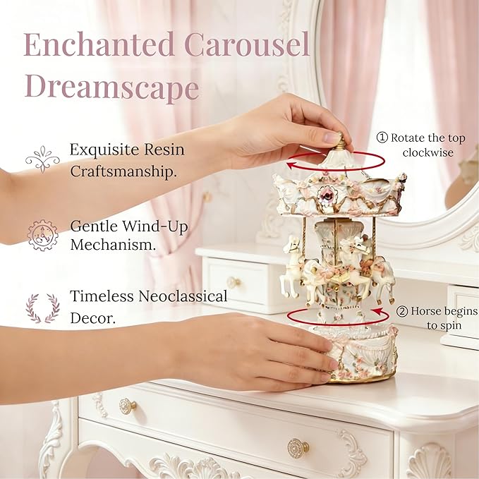 Vintage Carousel Music Box - Rotating Horse Musical Figurine with Rose Floral Design, Ideal Birthday, Christmas, Valentine's Day Gift for Girls, Women, Girlfriend, Mom Home Décor & Gift (Pearl White)
