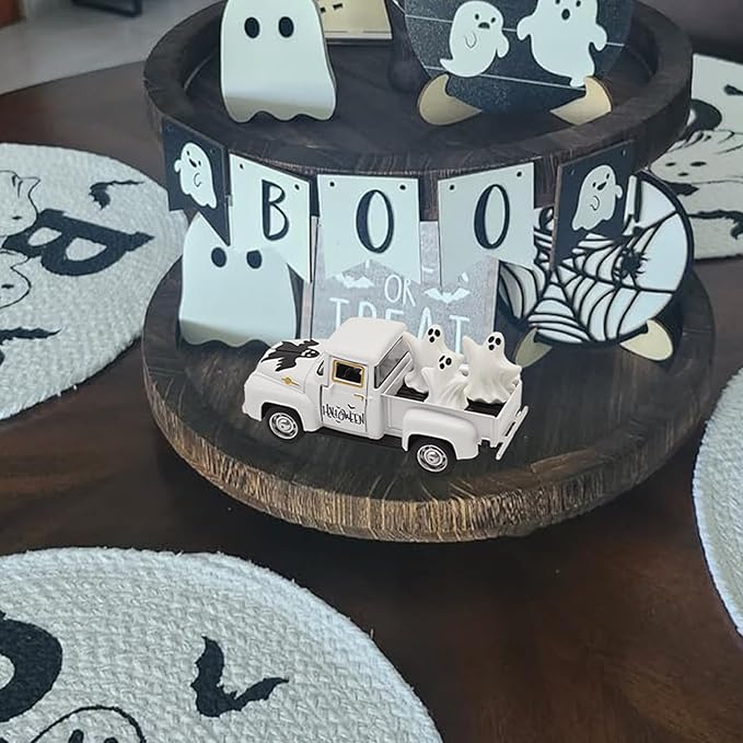 Halloween Decorations - Mini Cute Farmhouse Style Halloween Metal Truck Decor with 3 Removable Mini Ghost Ornaments for Tabletop, Tiered Tray, Shelf, Fireplace and Home Indoor Décor