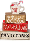 Moucuny 4 Pcs Wooden Christmas Tabletop Decor Hot Cocoa Tiered Tray Decor Rustic Wood Hot Cocoa Block Sign Gift Merry Christmas Centerpiece Farmhouse Winter Table Decoration