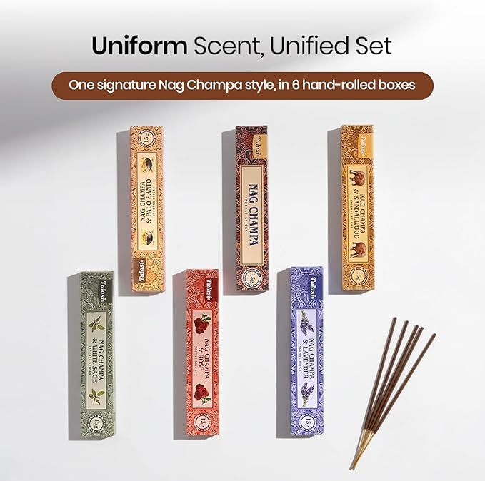Tulasi Nag Champa Incense Sticks Gift Pack of 6, Hand Rolled Fragrance Incense Sticks for Aromatherapy, Relaxing, Yoga, Meditation, Prayer, Agarbatti Stick with Natural Oils, (15gm x 6)