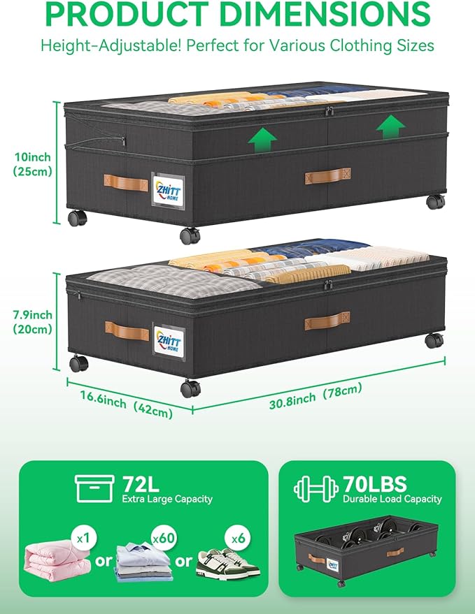 Under Bed Storage with Wheels, 2-Pack 72L XXXL Scalable Under Bed Storage Containers with Transparent Lids, Underbed Storage Organizer Rolling Bins for Shoes Clothes Sheet - Expandable Max