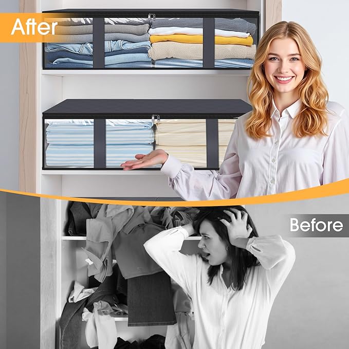 StorageRight Under Bed Storage Bags 10 Pack, 40L Large Clothes & Comforter Storage Containers with Clear Window, Breathable Fabric Organizer for Blankets, Bedding, Seasonal Clothing, Grey