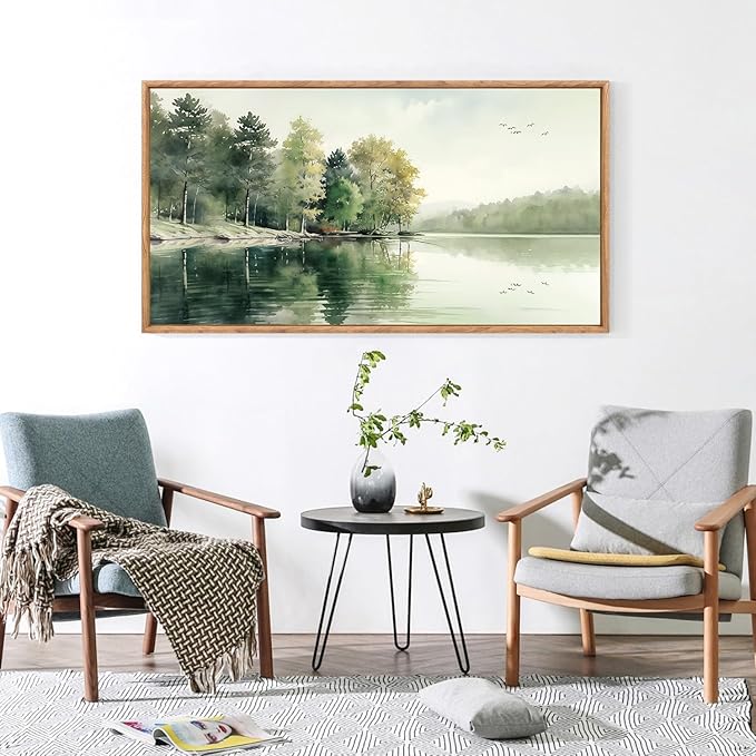 KAIRNE Framed Nature Canvas Wall Art Set,Misty Forest Wall Decor,Green Mountain Forest Pictures,Lake Water Painting set of 1(20”x40”),Landscape Scene Print for Living Room, Bedroom,Gallery Decor