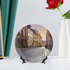 Poland's Historic Center Street Bone China Decorative Plate for Home Decor, Round Ceramic Decorative Dish with Stand Hook, Wall Hanging Ornament Plates for Office, Porcelain Plates 7inch