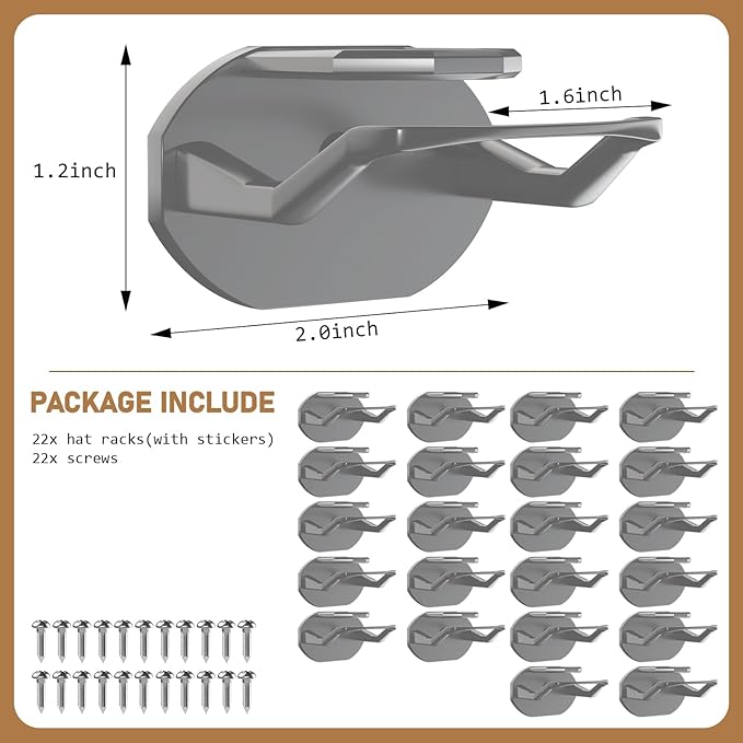 22 Pack Adhesive Hat Hooks for Wall, Super Strong Hat Rack for Baseball Caps, Hat Organizer Display for Home Decor, Hat Hangers Holder for Wall, Door, Closet, No Drilling - USA Patented (Gray)