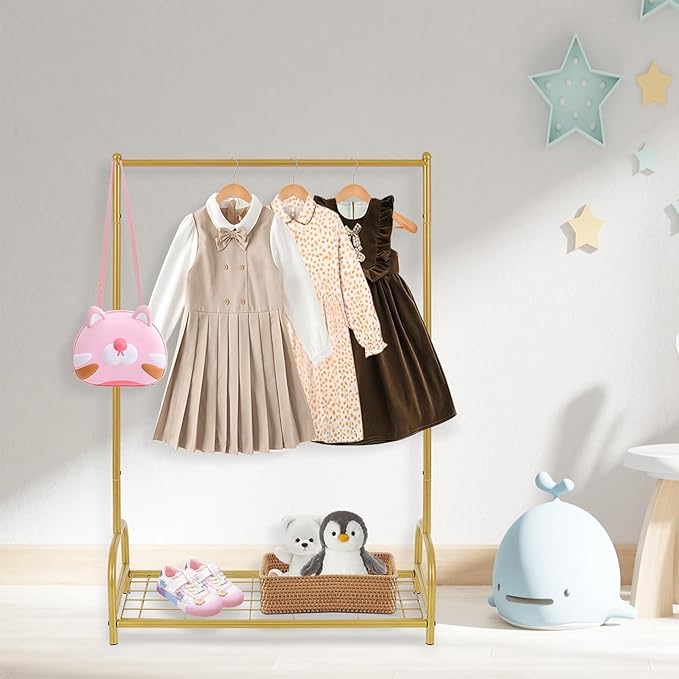 Baby Clothes Organizer, Kids Dress Up Storage Rack, Small Clothes Rack with Metal Storage Shelf, Kids Closet Organizers, Baby Closet (Gold)