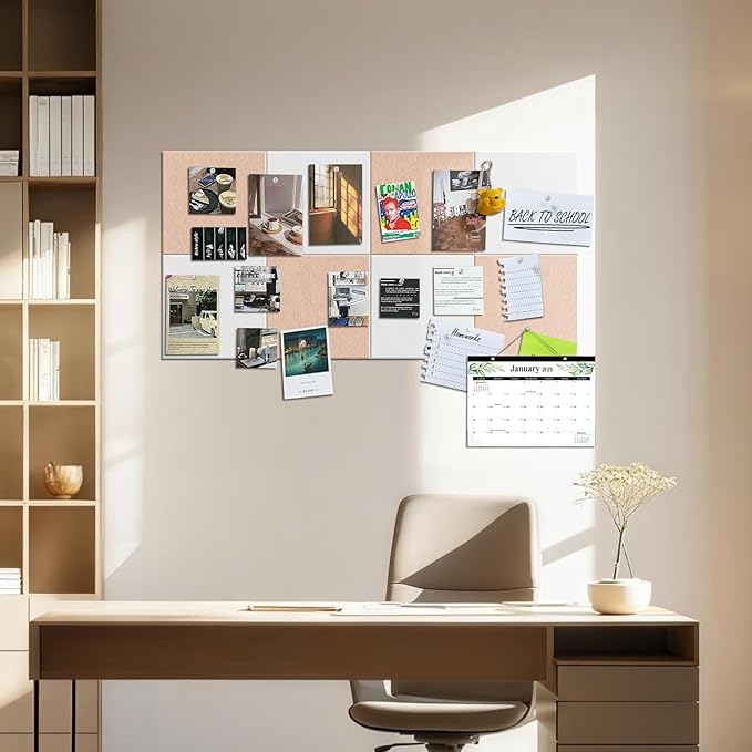 TSJOFFICE Large Cork Board for Wall - 48" x 24" Bulletin Board with 30 Pushpins for Office Decor, Pin Board 8 Pack Felt Tiles with Safe Removable Adhesive Tabs, Corkboard for Home - Cinnamon & White
