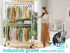 Simple Trending Clothing Garment Rack with 3 Tiers Storage Shelves, Heavy Duty Rolling Clothes Organizer Double Rods with Wheels for Hanging Clothes, Chrome