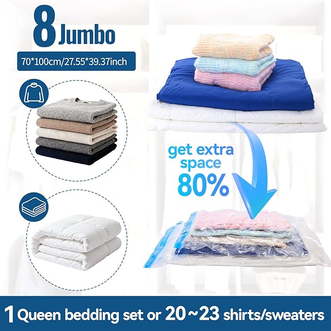 Vacuum Storage Bags with Electric Pump, 8 Jumbo Pack Space Saver Bags, Heavy Duty Reusable PA+PE Vacuum Sealer Bags for Comforters, Bedding, Blankets, Clothes, Home Organization & Travel