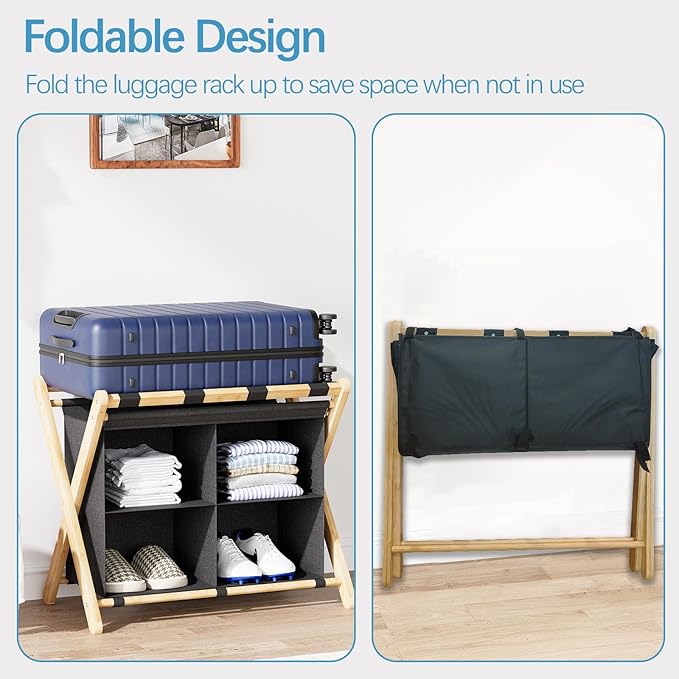 Luggage Rack for Guest Room, Folding Suitcase Stand with Fabric Storage Shelf, Upgraded Bamboo Luggage Holder, Steel Foldable Luggage Stand for Guest Room, Bedroom, Hotel, Natural