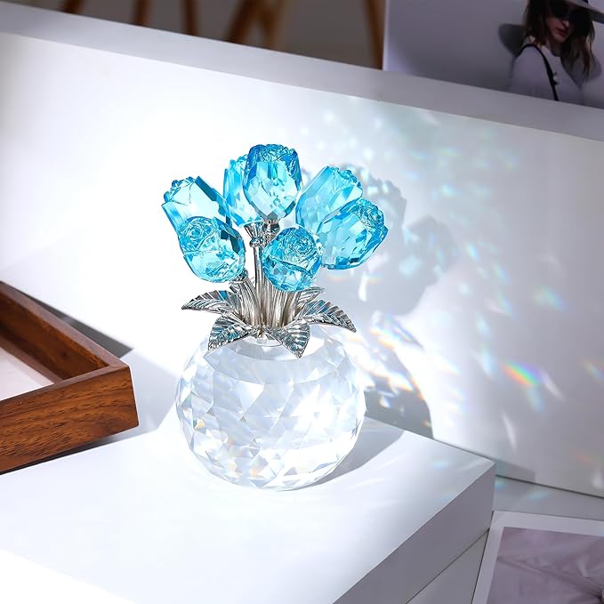 Crystal Light Blue Rose Flower Collectible Figurine, Rose Bouquet Floral Wedding Romantic Gifts for Wife, Mom, Women on Mother's Day, Valentine's, Anniversary, Christmas