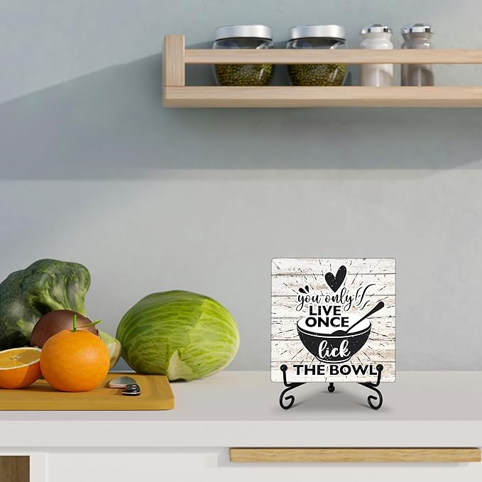 Kitchen Counter Decor, Life Is Short Lick The Bowl Sign, Funny Farmhouse Kitchen Wooden Plaque with Iron Stand for Dinning Room Desk Shelf Display-A11