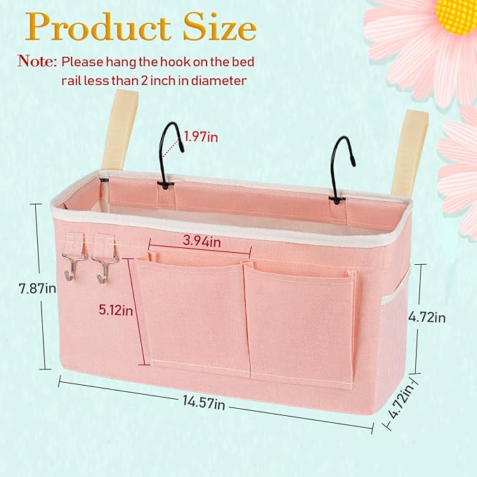 Bedside Storage Caddy/Bedside Hanging Storage Bag for Headboards Bunk Beds Dorm Rooms Book Phone Magazine Holder (Light Pink)