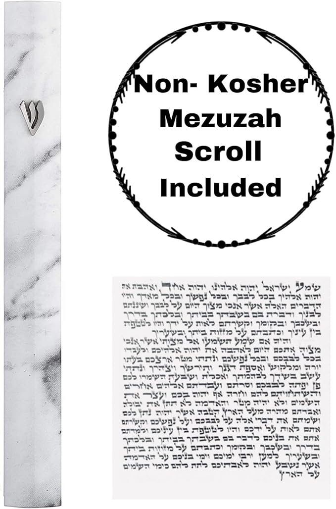 A&S Mezuzot Aluminum Mezuzah Case with 3D Painted Shin Design Easy Peel and Stick Judaica Door Mezuza for Parchment Scroll (White Marble, 6 Inches)