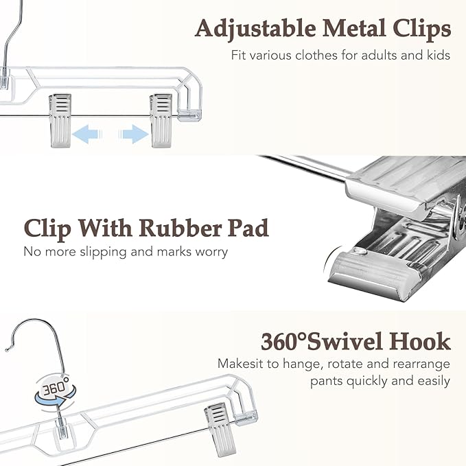 HOUSE DAY Clear Pants Hangers with Clips 300 Pack, Non-Slip Plastic Skirt Hanger with Adjustable Clips, Slim Clip Hangers for Pants, Skirts, Shorts, 14" Clear Hanger, 360-Rotating Swivel Hook