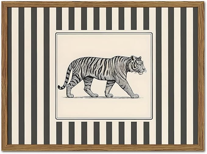 Vintage Tiger Wall Art Wildlife Wall Decor Pictures Black and White Stripe Jungle Animal Poster Canvas Painting Print for Bedroom Living Room Bathroom 16x24 inch Wood Framed