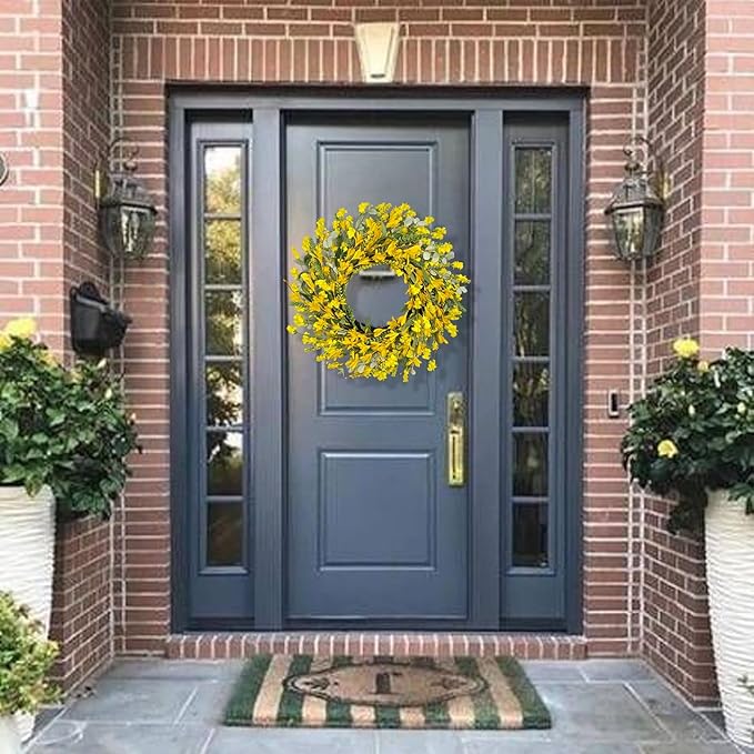 22 Inch Yellow Forsythia Wreaths for Front Door, Spring Summer Floral Wreath, Farmhouse Wreath for Porch, Wall, Window, Indoor Outdoor Home Decor