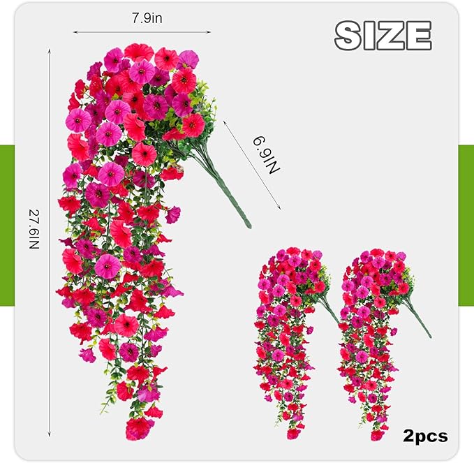 Fake Artificial Hanging Flowers for Outdoor, 2 PCS Silk Morning Glory Faux Flowers with Eucalyptus Leaves,Realistic Hanging Plants for Wedding Home Office Garden Decor