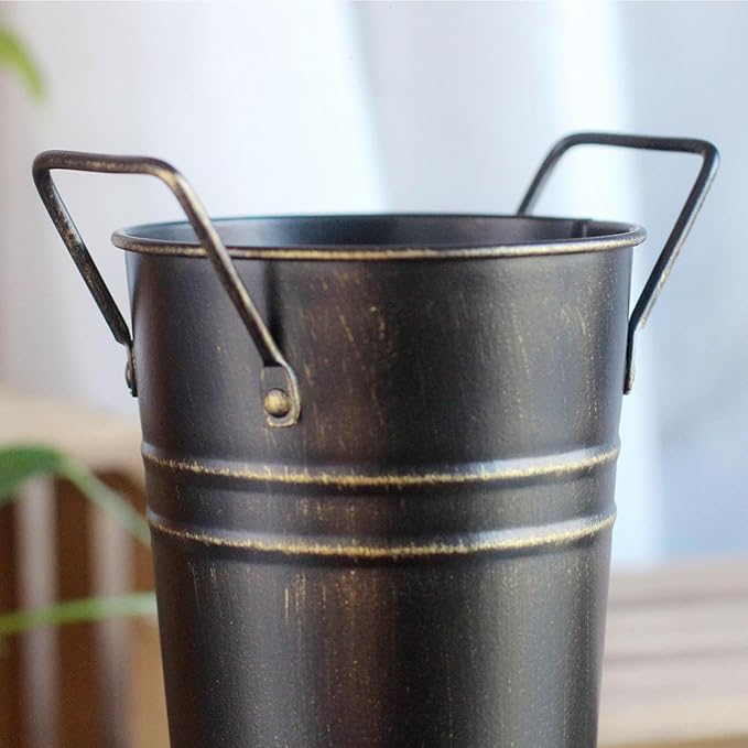 Umbrella Stand Holder Metal Umbrella Bucket Freestanding Umbrella Rack Barrel Canes Walking Sticks Clubs Organizer Rustic Floral Bucket Floor Vase for Entryway Porch Indoor (Black)