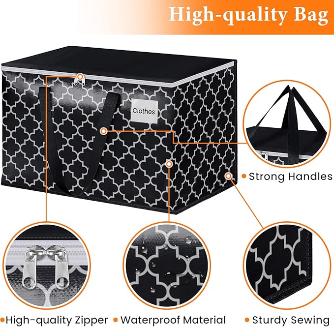 HomeHacks Heavy Duty Moving Bags with Tag Pockets, Collapsible Storage Totes for Moving, Camping & Travel -Foldable Packing Boxes, Zipper Handles, Black（10 Packs, 88L）