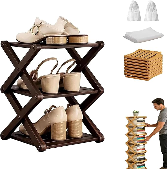 The 3-Tier No-Assembly Bamboo Rack, Bamboo Shoe Rack, Foldable Shoe Rack, Space Saving Collapsible Shelves for Entryway, Closet, Bathroom, Bamboo Shoe Rack, Foldable Shoe Rack (Brown, 3Tier)