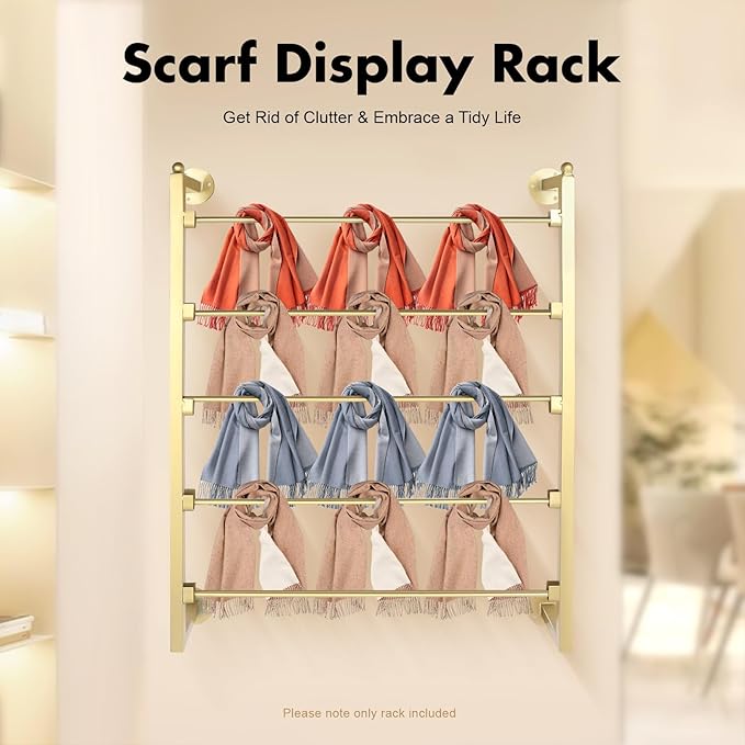 Wall Mounted Scarf Rack, 5-Tier Metal Scarves Towels Rack Wall Display Silk Ribbon Storage Organizer Gold Hijab Hanger for Flower Shop Retail Store (Gold)
