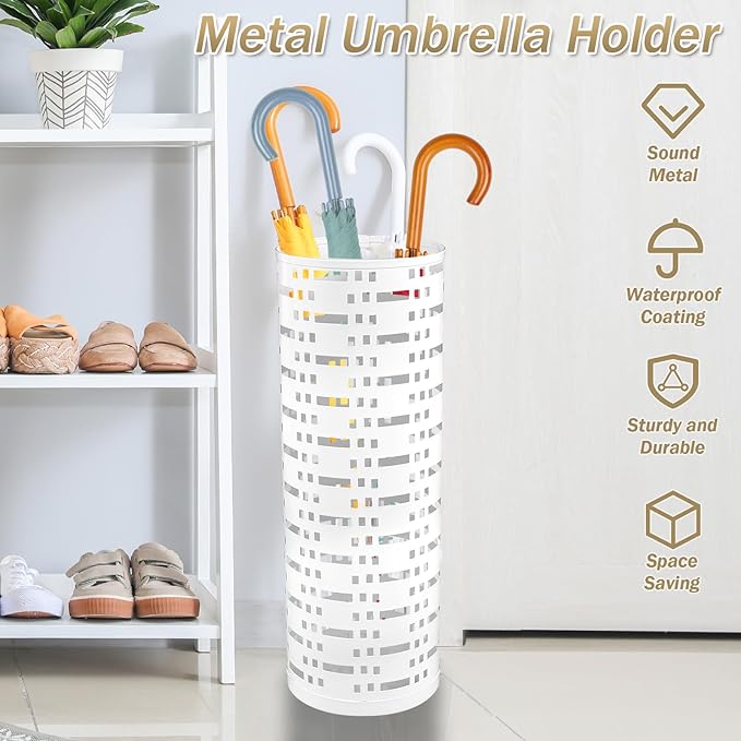 Umbrella Stand Rack, Free Standing Round Metal Umbrella Holder, Walking Sticks Umbrella Bins Waterproof Umbrella Storage Rack 16.5 x 6 inch Hollow Umbrella Storage Bucket for Indoor Home Office(white)