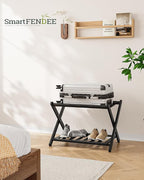 Fully Assembled Black Luggage Rack, Suitcase Stand with Shoe Shelf, Folding Wooden Luggage Stand for Guest Room, Bedroom, Hotel