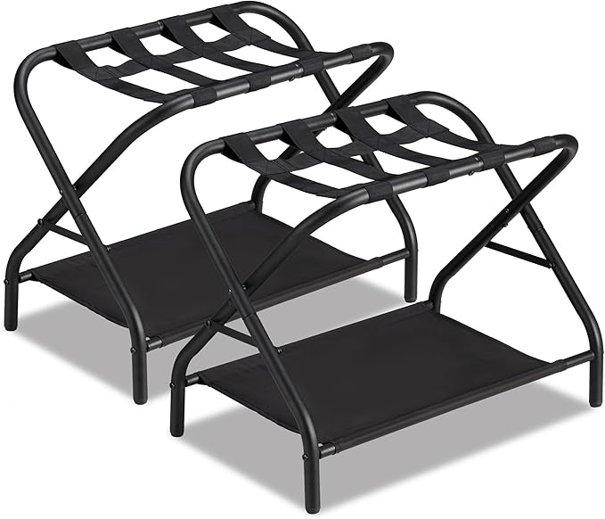 Luggage Rack Set of 2, Foldable Suitcase Stand with Fabric Storage Shelf Easy Assemble Metal Luggage Holder with Straps for Guest Room Bedroom Hotel, Black