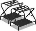 Luggage Rack Set of 2, Foldable Suitcase Stand with Fabric Storage Shelf Easy Assemble Metal Luggage Holder with Straps for Guest Room Bedroom Hotel, Black