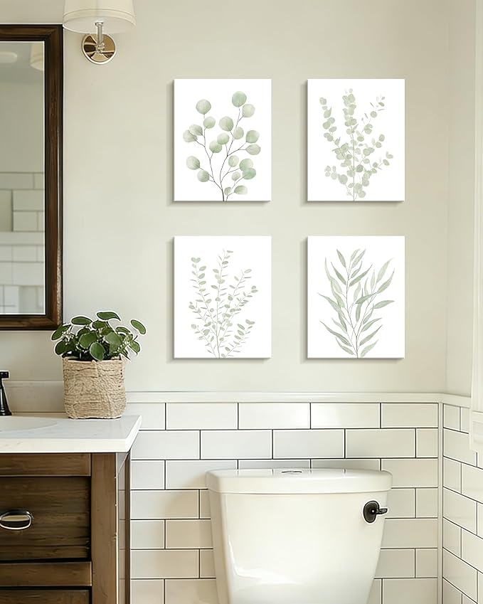 Drsoum Botanical Plant Framed Wall Art Boho Wall Decor for Bathroom Sage Green Eucalyptus Leaf Prints Minimalist Aesthetic Ready to Hang Set of 4, 8x10 in (Framed)