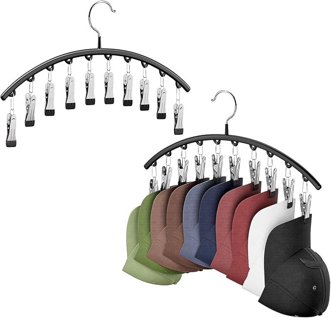 Hat Hangers for Closet, Metal 2 Pack Hat Organizer Holder for Hanger Closet Display, Hat Racks for Baseball Caps w/10 Clips, Hat Holder for Ball Caps & Accessories, for Men Women, Black