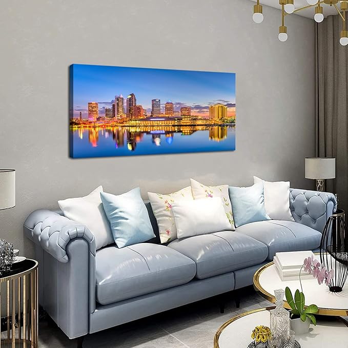 AIYISU Florida Wall Art Tampa Downtown Skyline Canvas Picture USA City Landscape Wall Decor, Modern Cityscape Painting Night River Prints Poster Artwork for Living Room Bedroom Home Decoration 24x48