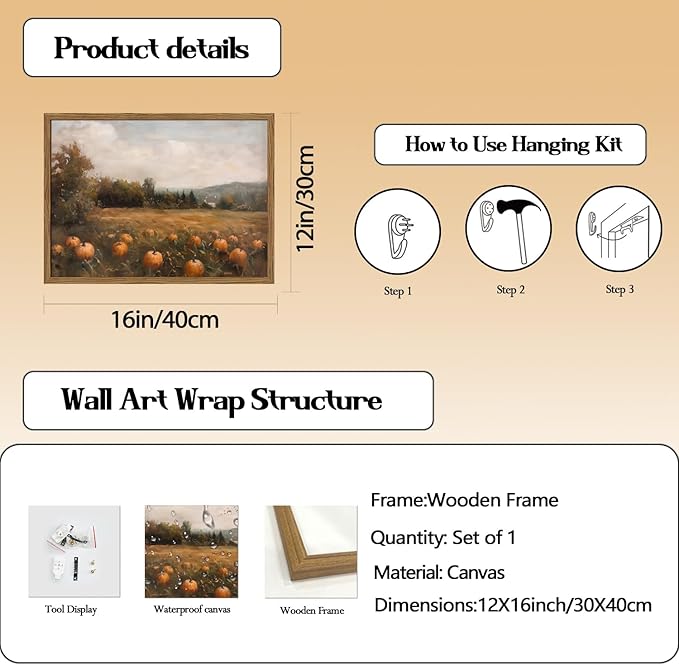 Framed Vintage Pumpkin Wall Art, Farmhouse Pumpkin Field Pictures Wall Decor, Rustic Harvest Landscape Paintings Canvas Prints Country Fall Home Decor for Living Room Kitchen 12×16 inch