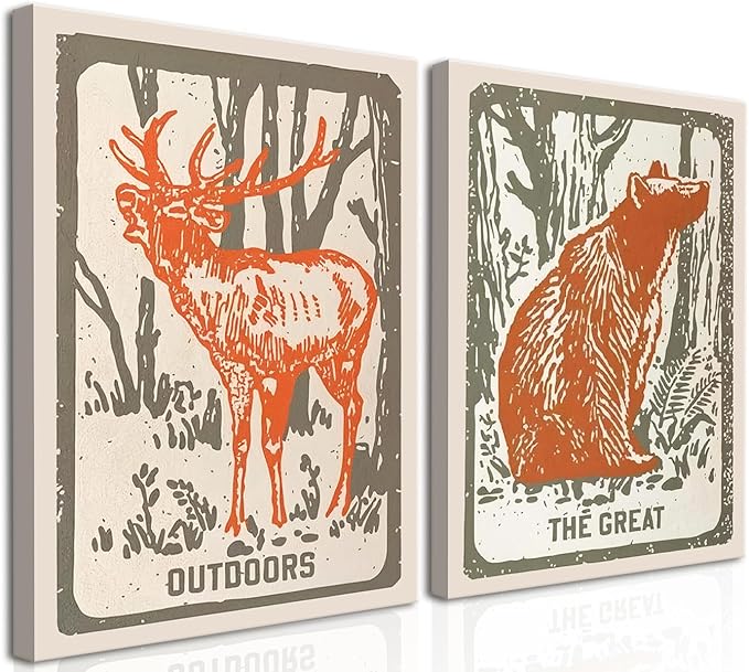 Framed Forest Deer Bear Canvas Wall Art Set of 2, Nursery Wildlife Animal Pictures Wall Decor, Outdoor Nature Woodland Hunting Paintings Prints Farmhouse Home Decor for Kid's Room Bedroom 16x24 inch