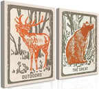 Framed Forest Deer Bear Canvas Wall Art Set of 2, Nursery Wildlife Animal Pictures Wall Decor, Outdoor Nature Woodland Hunting Paintings Prints Farmhouse Home Decor for Kid's Room Bedroom 16x24 inch