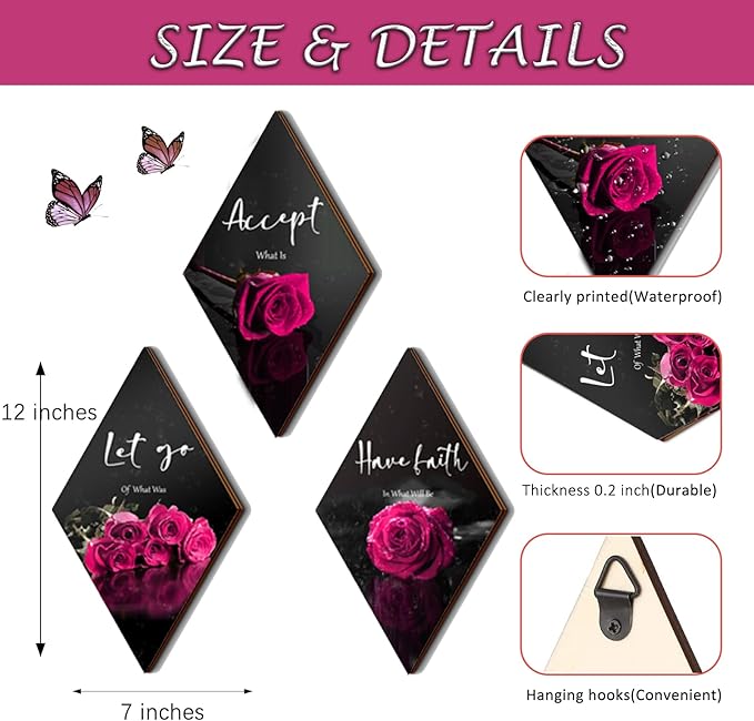 3 Pcs Pink Wall Decor Pink Rose Bathroom Decor Farmhouse Bedroom decor Inspirational Wood Office Wall Art with Accept Let Go Have Faith Sign for Girl Women Living Room Bedroom(12x7 Inch)