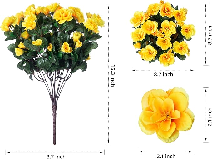 HyeFlora Artificial Fake Flowers Plants for Spring Outdoor Outside Decor, Faux Silk Yellow Camellia UV Resistant Realistic for Planter Front Door Porch Patio Balcony Decoration, 3 Large Bundles