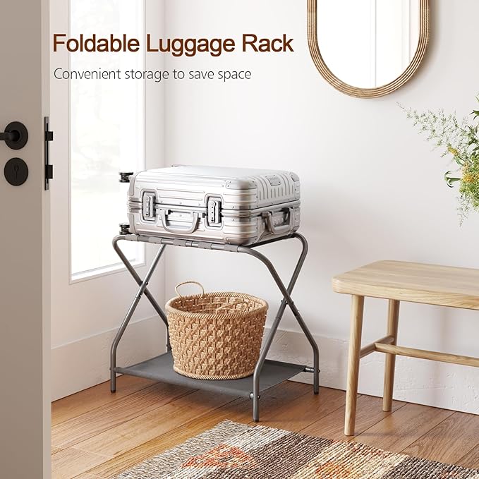 AMHANCIBLE Luggage Rack, Set of 2, Foldable Suitcase Stands for Guest Room, Metal Luggage Holder with Storage Shelf for Bedroom, Hotel, Easy Assemble, HLR02GY