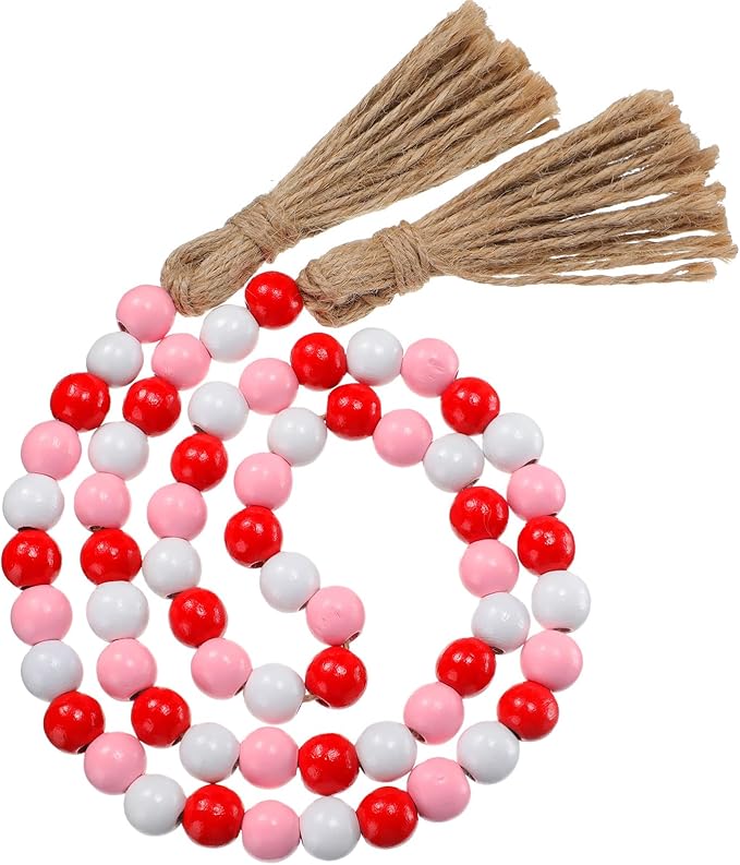 Equsion Seasonal Wooden Bead Garland with Tassels, 3.3 ft Holiday Vintage Boho Bead Garland Easter Tray Decoration, Vase Wall Room Art Birthday Party Decoration(Valentine's Day Colors)