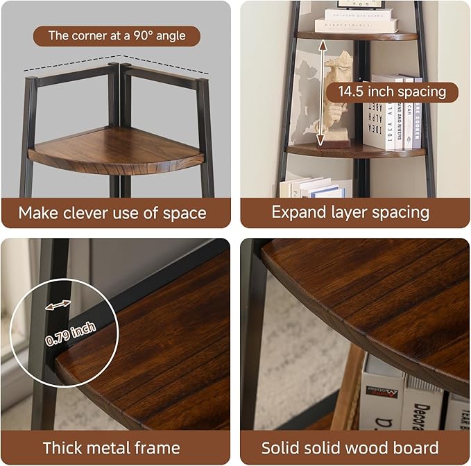 Soild Wood Corner Shelf, 5 Shelf Bookcase for Bathroom & Living Room, Tall Corner Bookshelf with Ladder Design, Space Saving Corner Bookcases (Brown)