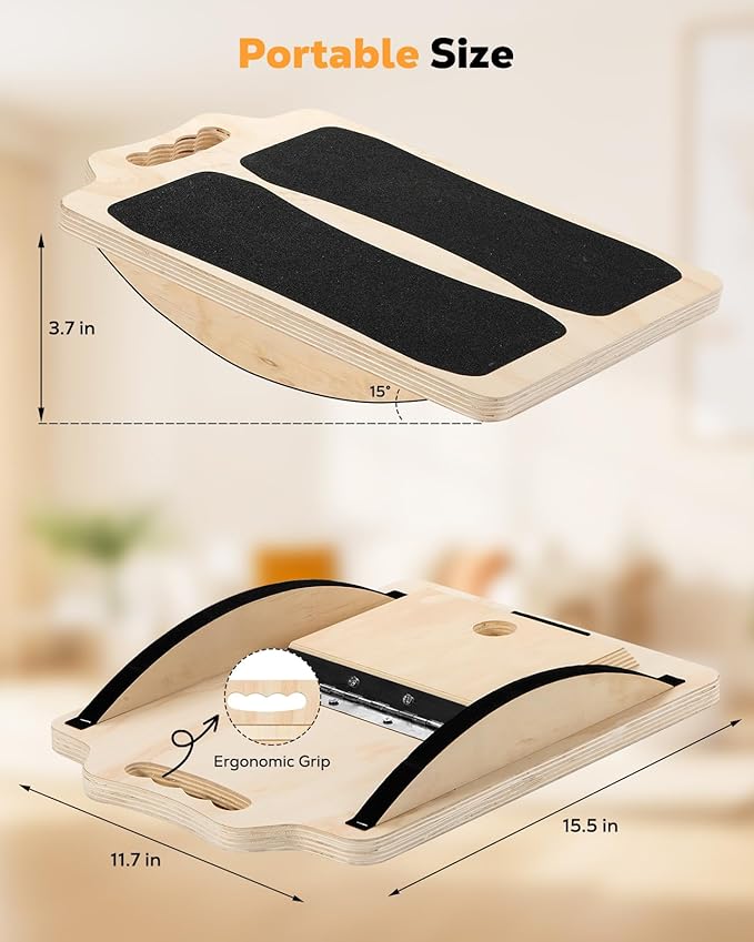 MoKo 2-in-1 Wooden Slant Board & Balance Board, 4 Adjustable Inclines Calf Stretcher for Knees, Ankles, Heels, Feet and Legs, Non-slip Stretch Boards Support up to 220lbs