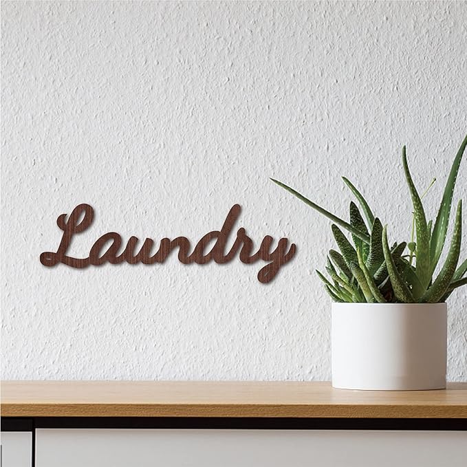 CREATCABIN Cutout Sign Laundry Letter Wooden Wall Art Decor Wood Word Sculpture Signs Rustic Farmhouse for Housewarming Home Front Door Entryway Wall Decoration, Brown, 11.9 x 3.7inch