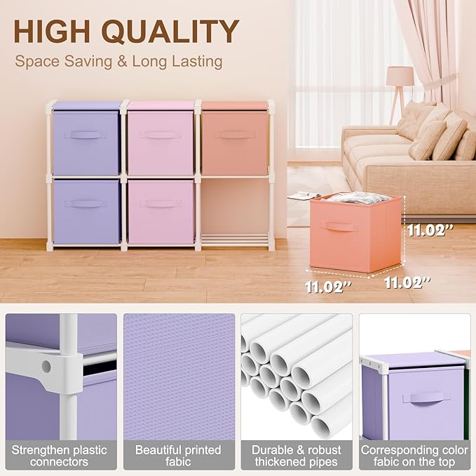 6 Cube Storage Organizer with Shelf Back to School Boxes 11 Inch Toy Storage Bins Closet Organizers Drawers Fabric Dresser for Playroom Books Bedroom Dorm Kitchen (Pink,Purple,Orange)